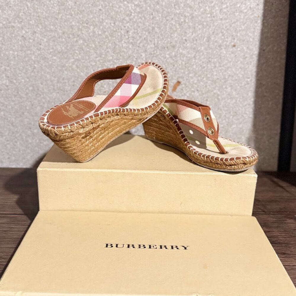Burberry Nova Check Espadrille Wedge Sandals, Size 7, Beige/Camel, Like New